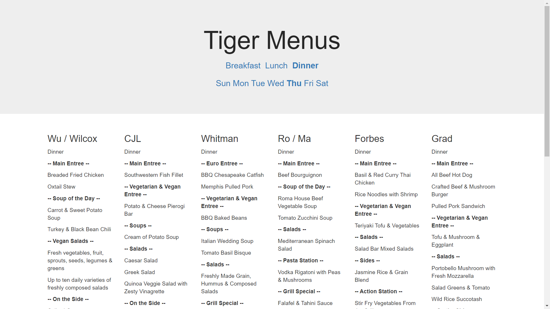 Tiger den menu